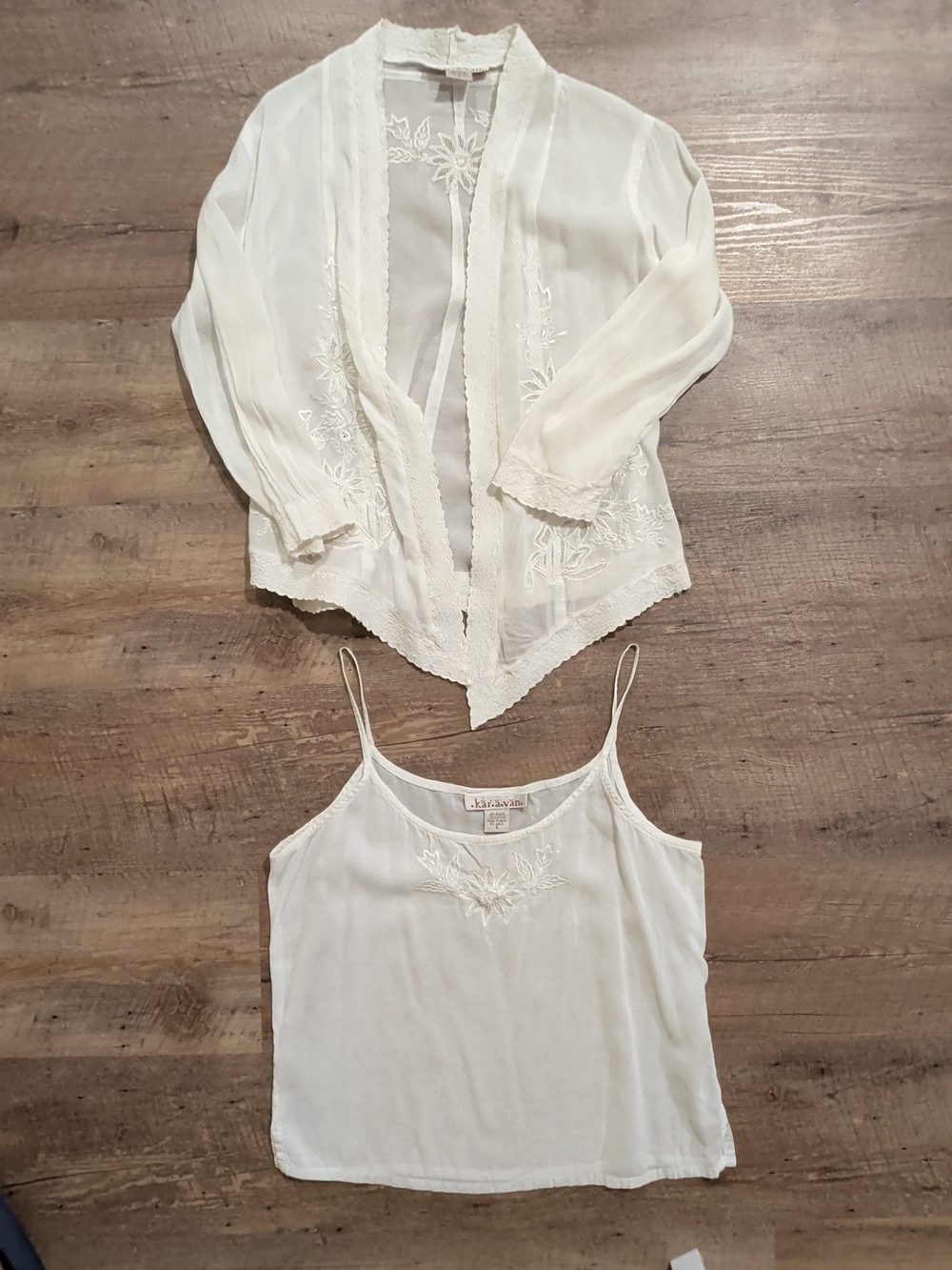 Embroidered White Cream Embroidered Camisole with Sheer Open-Front Blouse